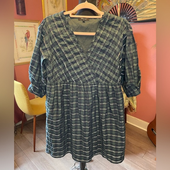 Madewell Marianna Raglan Puff Sleeve Plaid Green 
Mini dress Size S Retail $120 - Picture 3 of 5